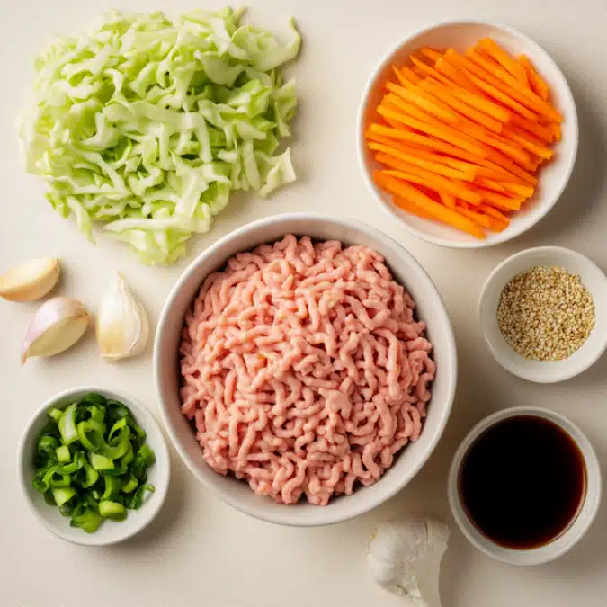 Fresh ingredients for ground turkey and cabbage recipe
