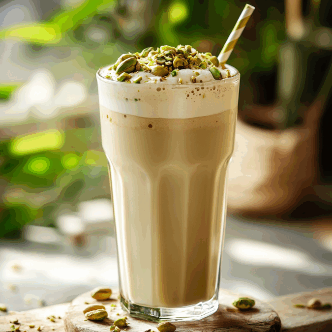Iced pistachio latte with cold foam
