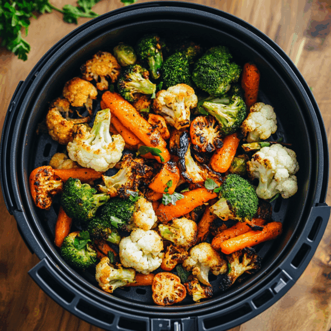 Roasted veggies in air fryer basket crispy finish