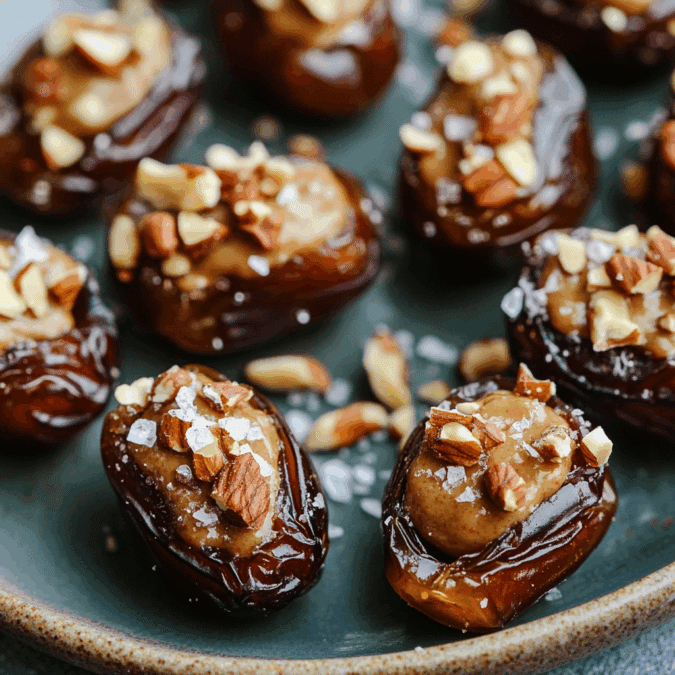 Dates stuffed with peanut butter on a rustic plate