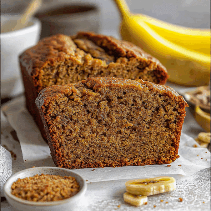 cottage cheese banana bread on rustic cutting board